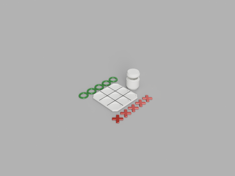 A render of 3d printed tic tac toe board with pieces and a storage container