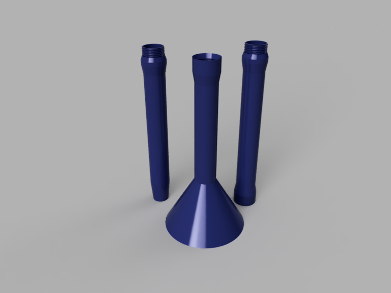 A render of a 3d printable multi part screw together watering funnel